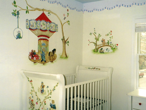 Nursery Mural with Hand-Painted Crib 