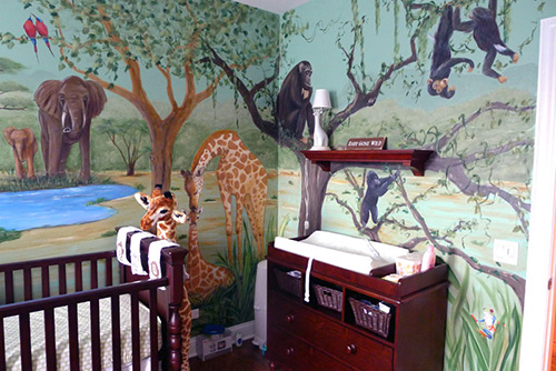 Safari Nursery Mural with Chimps, Elephants, Giraffes and More