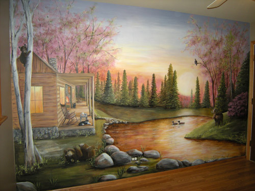 North Woods Cabin - Rustic - Outdoors - Murals - Lake - Sunset